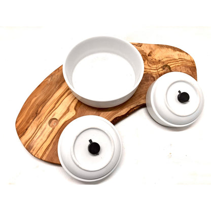 RUSTY TRIO feeding station for wet food, dry food &amp; water with 2x 0.4 L and 1x 0.9 L porcelain bowl olive wood
